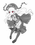  1girl china_dress chinese_clothes dress hat junko_(touhou) monochrome no_nose open_mouth pointy_ears raptor7 red_eyes sleeves_past_wrists solo spot_color thigh-highs touhou 