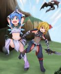  :d absurdres alternate_costume armpits arms_up belt black_panties blonde_hair blue_eyes blue_hair blush boots breasts capelet cirno cleavage cowl crotch_cutout dagger dragon dual_wielding elbow_gloves fang fishnet_top fur_trim gloves hair_ribbon happy highres hips ice ice_wings kirin_(armor) legs loincloth midriff monster_hunter nargacuga_(armor) navel open_mouth overhead_swing panties red_eyes ribbon rumia running sheer_clothes short_hair shou_(ahiru_shinobu) small_breasts smile sword thighs touhou under_boob underwear weapon wings 