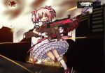  1girl blood bloody_weapon bow bubble_skirt choker explosion gameplay_mechanics gears_of_war gloves gun hair_bow highres invader kaname_madoka kneehighs lancer_(weapon) magical_girl mahou_shoujo_madoka_magica parody pink_hair puffy_sleeves rifle running skirt solo tracer_fire two_side_up user_interface walpurgisnacht_(madoka_magica) weapon white_gloves 