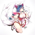  1girl ahri animal_ears blue_hair breasts cleavage dated detached_sleeves ejami facial_mark fox_ears fox_tail heart korean_clothes league_of_legends long_hair multiple_tails signature simple_background solo tail whisker_markings white_background yellow_eyes 