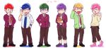  ;d blonde_hair blue_hair book brothers cardigan cat f6 glasses green_hair hand_on_hip hood hoodie jewelry lineup matsuno_choromatsu matsuno_ichimatsu matsuno_juushimatsu matsuno_karamatsu matsuno_osomatsu matsuno_todomatsu necklace one_eye_closed open_mouth osomatsu-kun osomatsu-san pink_hair purple_hair redhead salute school_uniform sextuplets siblings simple_background smile sweater two-finger_salute white_background wiping_nose 