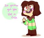  androgynous blush_stickers brown_hair chara_(undertale) child english grin mudkipful red_eyes shaded_face smile striped striped_sweater sweater undertale waving 