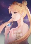  1girl bangs bare_shoulders bishoujo_senshi_sailor_moon blonde_hair blue_eyes crescent double_bun dress ear_studs earrings facial_mark flat_chest forehead_mark from_side gem hair_bun hair_ornament heart highres holding jewelry long_hair looking_away meto31 night night_sky parted_lips princess_serenity sky solo star_(sky) strapless_dress tiara tsukino_usagi twintails upper_body white_dress wind 