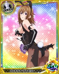  1girl ahoge animal_ears artist_request ass breasts brown_hair bunnysuit card_(medium) character_name chess_piece elbow_gloves gloves high_school_dxd long_hair official_art queen_(chess) rabbit_ears torn_clothes trading_card venelana_gremory violet_eyes 