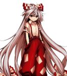  1girl bow expressionless flat_chest fujiwara_no_mokou hands_in_pockets harukawa_moe long_hair official_art red_eyes silver_hair solo suspenders torn_clothes torn_sleeves touhou urban_legend_in_limbo very_long_hair 