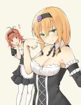  2girls :o aemu_(august_life) bare_shoulders blonde_hair blush breasts cleavage detached_collar frills green_eyes hair_ribbon hairband heart looking_at_another looking_at_viewer maid multiple_girls original red_eyes redhead ribbon short_hair smile white_legwear 