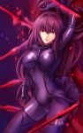  1girl bodysuit breasts covered_navel fate/grand_order fate_(series) gae_bolg highres large_breasts long_hair polearm purple_hair red_eyes scathach_(fate/grand_order) shimo_(s_kaminaka) solo spear weapon 