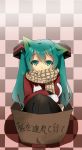  1girl animal_ears aqua_eyes aqua_hair box cardboard_box cat cat_ears checkered checkered_background hair_ornament hatsune_miku highres kemonomimi_mode legs_together pantyhose scarf shadow skirt smile sweater translation_request twintails vocaloid wang_xinquan 
