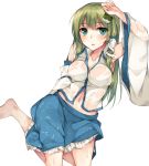  1girl aqua_eyes arm_up barefoot breasts collarbone detached_sleeves frog_hair_ornament green_hair hair_ornament kochiya_sanae large_breasts long_hair long_sleeves looking_at_viewer midriff navel rinarisa see-through shirt skirt snake_hair_ornament solo touhou very_long_hair wet wet_clothes wet_shirt wide_sleeves 