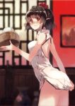  1girl alternate_costume ass black_hair blush breasts carrying china_dress chinese_clothes embarrassed from_side hat ken_(coffee_michikusa) looking_at_viewer open_back pointy_ears red_eyes shameimaru_aya short_hair side_slit solo standing tokin_hat touhou 