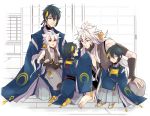  5boys black_gloves black_hair blue_eyes bow child closed_eyes gloves hair_bow hands_on_another&#039;s_face japanese_clothes kogitsunemaru male_focus mattun-00 mikazuki_munechika multiple_boys multiple_persona open_mouth red_eyes sitting sitting_on_lap sitting_on_person smile time_paradox touken_ranbu white_hair younger 