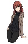  1girl :d arm_support brown_hair casual coat green_eyes highres kantai_collection long_hair noshiro_(kantai_collection) open_mouth sblack simple_background smile solo turtleneck white_background 