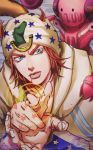  1boy aiming_at_viewer blood blood_from_mouth blue_eyes brown_hair hat highres horse horseshoe johnny_joestar jojo_no_kimyou_na_bouken loco3moco3 male_focus star steel_ball_run tusk_(stand) wristband 