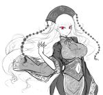  1girl breasts china_dress chinese_clothes dress hat highres junko_(touhou) large_breasts looking_at_viewer monochrome open_mouth pointy_ears raptor7 red_eyes solo spot_color touhou 