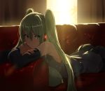  1girl anime_coloring aqua_hair backlighting bare_shoulders black_skirt couch crossed_arms curtains dark detached_sleeves domo1220 expressionless glowing green_eyes grey_shirt hair_between_eyes hatsune_miku headphones highres indoors light_rays long_hair looking_at_viewer lying on_couch on_stomach pillow shirt skirt sleeveless sleeveless_shirt solo sunlight twintails very_long_hair vocaloid window 