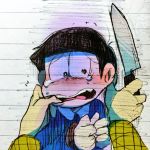  2boys ankie black_hair bound bound_wrists child knife male_focus matsuno_osomatsu multiple_boys osomatsu-kun pov scared sketch tears tougou_(osomatsu-kun) upper_body wing_collar 