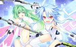  2girls absurdres ahoge blanc blue_hair blush breasts cleavage gloves green_hair green_heart highres large_breasts leotard long_hair looking_at_viewer multiple_girls neptune_(series) official_art open_mouth ponytail power_symbol red_eyes short_hair_with_long_locks sidelocks symbol-shaped_pupils tsunako vert violet_eyes white_heart 