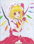  1girl apple ascot blonde_hair bow flandre_scarlet food fruit hat hat_bow kotarou_(yukina1721) mob_cap open_mouth pointy_ears puffy_short_sleeves puffy_sleeves red_eyes shirt short_sleeves side_ponytail skirt skirt_set smile solo touhou traditional_media vest wings 