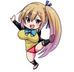  1girl breasts buruma chibi hair_ribbon kawakami_mai kicking large_breasts long_hair mole mole_on_thigh mole_under_eye musaigen_no_phantom_world open_mouth perepere-kun ribbon school_uniform side_ponytail smile solo tied_hair underwear very_long_hair 