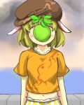  1girl animal_ears apple arms_at_sides blonde_hair blush brown_hat brown_shirt clouds cloudy_sky commentary_request covered_face cowboy_shot ears_down food fruit gaoo_(frpjx283) green_apple hat highres horizon midriff ocean pants rabbit_ears ringo_(touhou) shirt short_hair short_sleeves sky solo son_of_a_man striped striped_pants touhou 