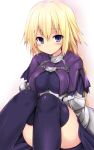  1girl armor armored_dress blonde_hair blue_eyes blush breasts capelet chain fate/apocrypha fate/grand_order fate_(series) faulds gauntlets hair_between_eyes long_hair looking_at_viewer purple_legwear ruler_(fate/apocrypha) sen_(astronomy) sitting smile solo thigh-highs 