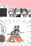  :&gt; anastasia_(idolmaster) chibi girls_und_panzer highres hoshi_shouko idolmaster idolmaster_cinderella_girls kanzaki_ranko kohinata_miho kotatsu parody table tagme television tsunamayo 