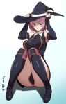  1girl boots brown_eyes detached_sleeves hat houtengeki knee_boots pink_hair short_hair sitting solo witch_hat 