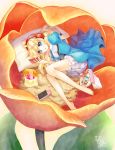  1girl barefoot blonde_hair bloomers blue_eyes dress flower handheld_game_console headphones highres legs long_hair lying manga_(object) minigirl on_side original pillow playstation_portable potato_chips short_sleeves solo underwear 