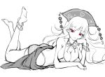  1girl bikini breasts chin_rest cleavage hat junko_(touhou) large_breasts looking_at_viewer lying monochrome on_stomach open_mouth pointy_ears raptor7 red_eyes solo spot_color swimsuit touhou 
