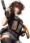  1girl ammunition_pouch belt black_gloves black_hair brown_hair fingerless_gloves garter_straps gloves grin gun handgun highres imizu_(nitro_unknown) looking_at_viewer military original red_eyes rifle shirt short_shorts shorts skindentation smile sniper_rifle solo thigh-highs thumbs_up weapon 