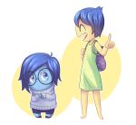  2girls :&lt; backpack bag blue_eyes blue_hair blue_skin dress green_dress height_difference inside_out joy_(inside_out) multiple_girls open_mouth pixar pointing sadness_(inside_out) short_hair smile sweater turtleneck_sweater yellow_skin yoyochaan 
