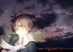  1girl breath brown_hair clouds nilitsu open_mouth original scarf short_hair skyline sleeves_past_wrists solo yellow_eyes 