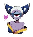  1girl bare_shoulders breasts cropped_torso cyclops fuumin_(youkai_watch) half-closed_eyes heart kiitos12 large_breasts looking_at_viewer monster_girl one-eyed pink_eyes pointy_ears purple_skin simple_background solo tongue tongue_out upper_body white_background youkai youkai_watch 