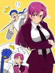  !? 1boy 1girl alternate_hair_length alternate_hairstyle bazett_fraga_mcremitz blush breast_hold bucket chibi_inset crossed_arms earrings fate/hollow_ataraxia fate_(series) formal highres jewelry lancer necktie purple_hair shimo_(s_kaminaka) short_hair suit surprised translation_request violet_eyes wig wig_removed 