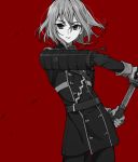  1boy armor honebami_toushirou japanese_armor male_focus military military_uniform monochrome necktie nomuo_(shiromi) red_background sheath sode sword touken_ranbu uniform unsheathing wakizashi weapon 