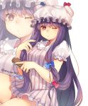  1girl akayan bangs blue_bow blush bow crescent_hair_ornament dress eyebrows eyebrows_visible_through_hair frilled_collar frilled_sleeves frills hair_bow hair_brush hair_brushing hair_ornament hat hat_ribbon highres long_hair looking_at_viewer mob_cap one_eye_closed patchouli_knowledge puffy_short_sleeves puffy_sleeves purple_hair red_bow ribbon short_dress short_sleeves sitting solo striped striped_dress touhou twitter_username very_long_hair violet_eyes zoom_layer 