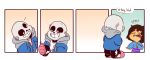  ! !? 1boy 4koma =_= ?!! androgynous brown_hair comic english fourth_wall frisk_(undertale) hood hoodie mudkipful sans shirt skeleton slippers striped striped_shirt undertale 