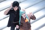  admiral_shinonome_harutora blazer cosplay green_hair hand_on_another&#039;s_head hand_on_head kantai_collection military military_uniform nagomi_(mokatitk) naval_uniform original photo stairs suzuya_(kantai_collection) uniform wig 