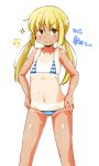  1girl bikini blonde_hair kantai_collection long_hair micro_bikini satsuki_(kantai_collection) standing sugiura swimsuit tan tanline twintails yellow_eyes 