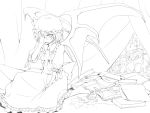  1girl barefoot bat_wings book cross cup drinking_glass glass hand_on_own_face hat lineart monochrome remilia_scarlet short_hair sitting smile solo tokikane_mikan touhou wine_glass wings 