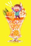  ! 1boy arms_up bangs blunt_bangs brown_hair cherry cream cup drinking_glass food formal fruit jelly long_sleeves male_focus matsuno_juushimatsu miniboy mint nadako_(hoguo_hn) necktie orange orange_slice osomatsu-kun osomatsu-san oversized_object pants simple_background solo standing suit transparent v yellow_background 