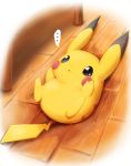  ... :&lt; azuma_minatsu blush blush_stickers full_body lying no_humans on_back on_floor pikachu pokemon pokemon_(creature) solo speech_bubble spoken_ellipsis wooden_floor 