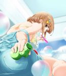  1girl absurdres bikini_top breasts brown_eyes brown_hair bubble bubble_blowing highres idolmaster idolmaster_cinderella_girls kii_(fys-a) kitami_yuzu looking_down short_hair solo 