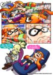  1boy 1girl bike_shorts couch domino_mask fernando_carvalho highres holding ink_tank inkling mask open_mouth orange_eyes orange_hair paint_splatter pointy_ears shirt shoes single_vertical_stripe smile sneakers splatoon squid super_soaker t-shirt tentacle_hair 