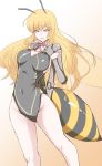  1girl antennae bee_girl blonde_hair breasts brown_eyes carapace covered_navel extra_arms gradient gradient_background honey_(monster_musume) insect_girl insect_wings long_hair monster_girl monster_musume_no_iru_nichijou monster_musume_no_iru_nichijou_online smile solo transparent_wings wings z_umeshi 