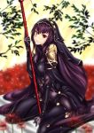  1girl absurdres bodysuit breasts fate/grand_order fate_(series) flower gae_bolg highres large_breasts long_hair pauldrons polearm purple_hair red_eyes scathach_(fate/grand_order) serkior sitting smile solo spear spider_lily veil very_long_hair wariza weapon 