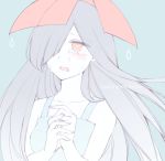  1girl ameonna_(youkai_watch) blue_background blush engrish hair_over_one_eye hands_together kiitos12 long_hair open_mouth ranguage simple_background solo tears umbrella upper_body water_drop youkai youkai_watch 
