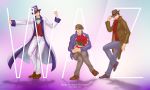  argyle blue_eyes bouquet brown_coat brown_hair character_name coat cowboy_hat crossed_legs facial_hair flower green_eyes happy_birthday hat hat_tip jojo_no_kimyou_na_bouken long_coat miyabi_(run) multiple_persona mustache necktie red_eyes rose scarf shadow sitting top_hat twitter_username vest will_anthonio_zeppeli 