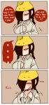  1girl 3koma blush bra braid comic dark_persona english flat_chest hat hat_with_ears highres kurai_yonaka lord_prosciutto mamaito mogeko_castle naughty_face red_sclera shirt small_breasts spoilers underwear white_shirt yellow_headwear 