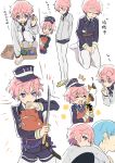  2boys ^_^ akita_toushirou aqua_hair armor blue_eyes blush_stickers cat closed_eyes hat ichigo_hitofuri japanese_armor legwear_under_shorts male_focus medal military military_uniform multiple_boys necktie nomuo_(shiromi) open_mouth pantyhose piggyback pink_hair shorts smile sword tantou touken_ranbu translation_request uniform weapon white_legwear 